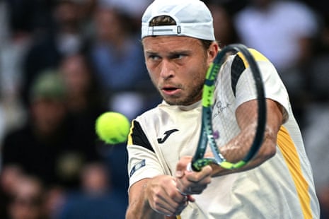 Alexandre Muller hits a return to Germany's Alexander Zverev