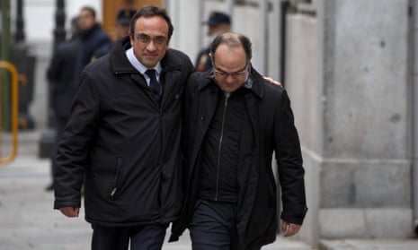 Catalan leaders Jordi Turull and Josep Rull arrive at the supreme court in Madrid.