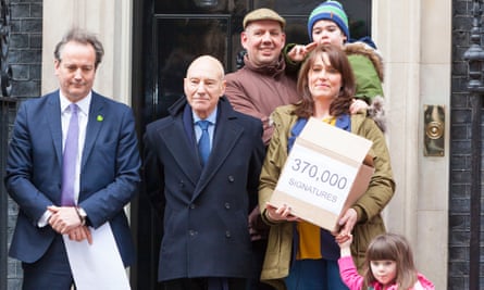 Actor Patrick Stewart with Alfie Dingley and parents at Downing Street in March to hand in a petition with 370,000 signatures asking for a licence for the use of cannabis based treatments for Alfie