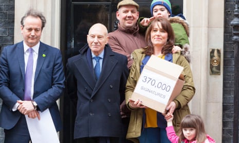 Actor Sir Patrick Stewart joins the parents of Alfie Dingley at 10 Downing Street to hand in a petition containing 370,000 signatures in the hope that the government will grant a licence for the use of cannabis-based treatments for their son who suffers from a rare form of epilepsy.