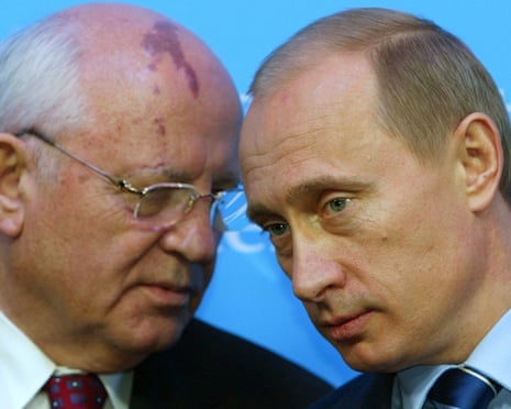 Russian President Putin listens to former President of the Soviet Union Gorbachev during news conference in Schleswig<br>Russian President Vladimir Putin (R) listens to former President of the Soviet Union, Mikhail Gorbachev, during a news conference following bilateral talks with German Chancellor Gerhard Schroeder at Schloss Gottorf Palace in the northern German town of Schleswig December 21 2004. Putin welcomed proposals for Germany and the European Union to help resolve the conflict in Chechnya as he arrived in Germany on Monday for two days of talks with Chancellor Schroeder. REUTERS/Christian Charisius