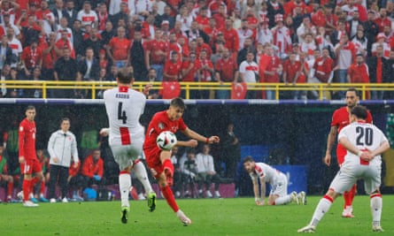 Turkey’s Arda Guler shoots and scores their second goal during the European Championship group F match between Turkey and Georgia.