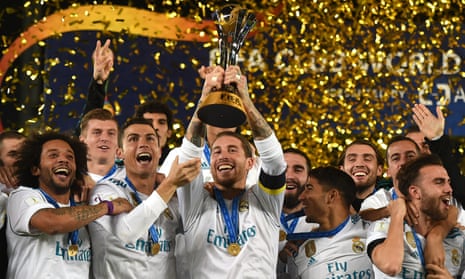 Sergio Ramos of Real Madrid lifts the trophy after the FIFA Club World Cup UAE 2017 final between Gremio and Real Madrid.