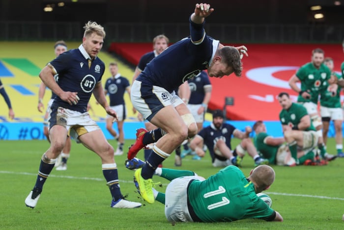 Ireland’s wing Keith Earls scores a try.