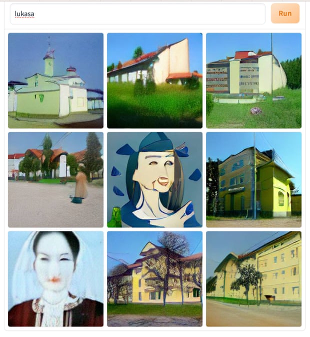 a grid of nine images of buildings and faces