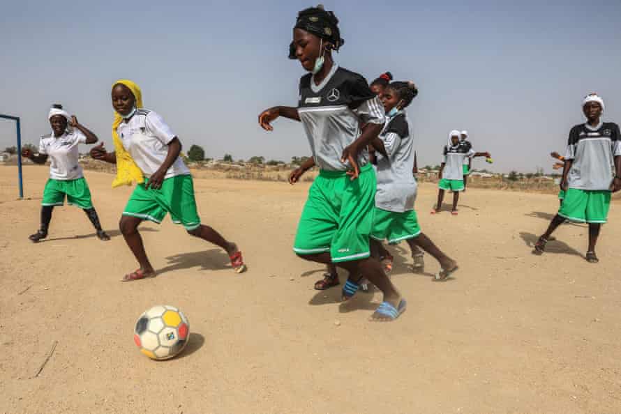Nigerian refugee girls train during a session in the Minawao refugee camp.