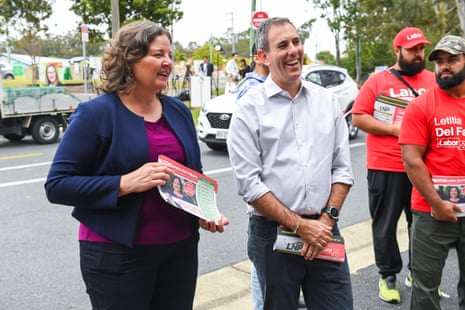 Labor’s Letitia Del Fabbro and treasurer Jim Chalmers on polling day at Arundel state school during the Fadden byelection