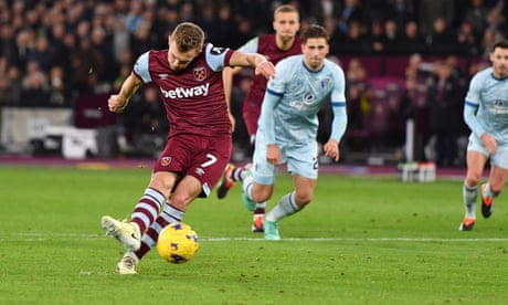 James Ward-Prowse of West Ham scores during the Premier League match between West Ham and Bournemouth at the London Stadium