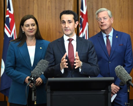 Queensland premier, David Crisafulli, attorney general, Deb Frecklington, and health minister Tim Nicholls at a press conference at Parliament House in Brisbane