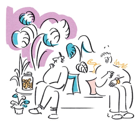 Illustration of a couple sitting at either ends of a sofa, one person in a huff and the other admiring his new luxury watch
