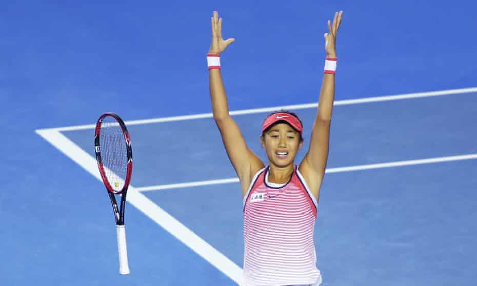 The Chinese qualifier Zhang Shuai celebrates her win against Madison Keys in the fourth round, her seventh match so far at the Australian Open.