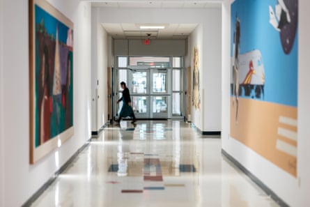 a person walks in a corridor