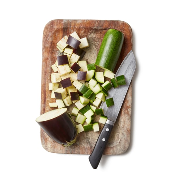 Felicity Cloake’s caponata: dice and salt abergines and courgettes.