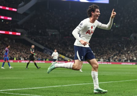 Archie Gray celebrates after opening the scoring for Tottenham against Crystal Palace.