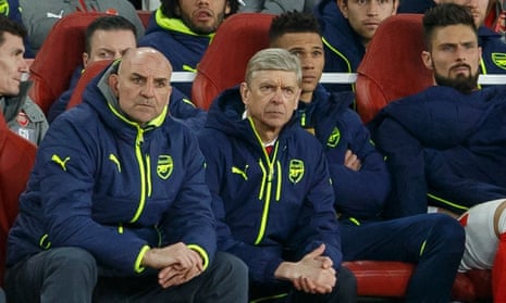 Arsène Wenger and Steve Bould, the Arsenal assistant manager, look on during the humiliation against Bayern Munich.