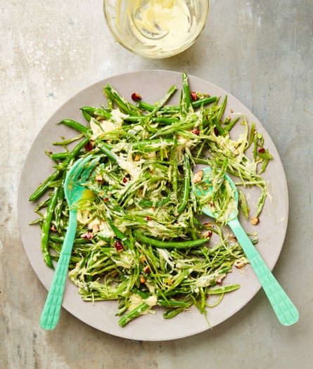 Yotam Ottolenghi’s green bean salad with aquafaba aioli.