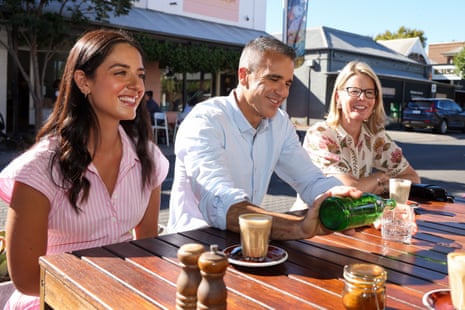 SA premier Peter Malinauskas with newly elected members Aria Bolkus and Alice Rolls in Adelaide on Sunday.