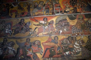 Battle scenes are depicted on the wall of the Debre Birhan Selassie church