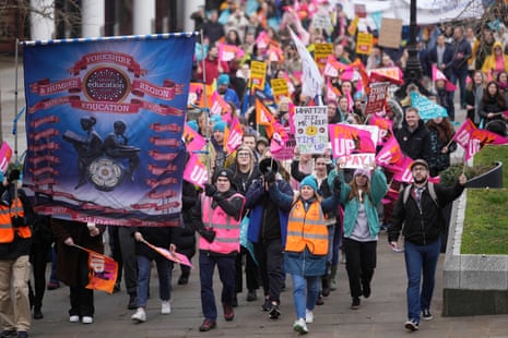 Teachers from the NEU holding a rally in Leeds today. The union is stage a strike today in the north, north-west and Yorkshire and the Humber.