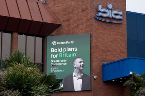 A Green party display outside the Bournemouth International Centre on the first day of the Green party conference.
