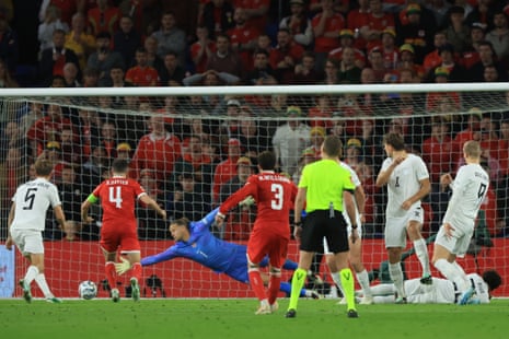 Neco Williams fires home his free-kick to give Wales the lead.