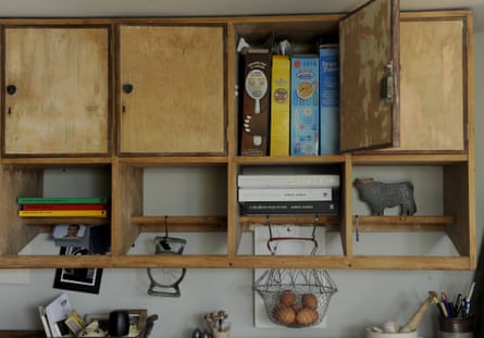 cupboards storing cereal and books