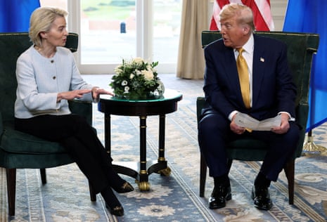 Ursula von der Leyen speaks with Donald Trump, after the announcement of a trade deal between the US and the EU in Turnberry, Scotland, in July 2025.