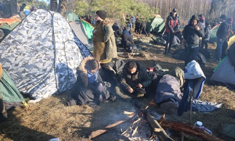 A migrant encampment on the  Belarusian-Polish border