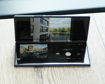 The Samsung Galaxy Z Fold 7 shooting a photo of a building in flex mode.