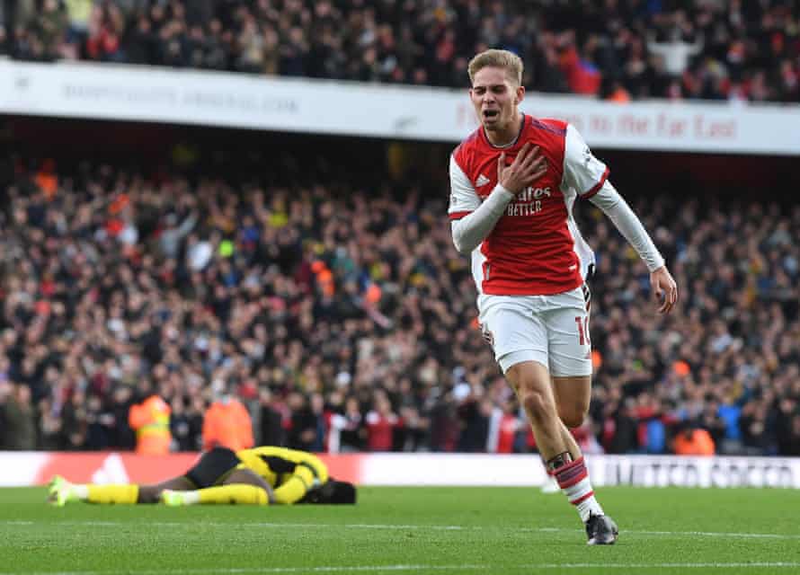 L'Anglais Emile Smith Rowe célèbre après avoir marqué le but vainqueur contre Watford.