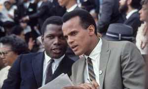 Sidney Poitier with fellow civil rights activist, singer Harry Belafonte, during the March on Washington for Jobs and Freedom; where Martin Luther King Jr gave his famous ‘I have a dream’ speech; in Washington DC on 28 August 1963