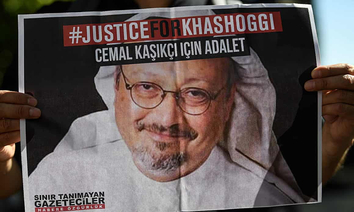 The murder of Jamal Khashoggi caused international outrage and condemnation. Here, friends of Khashoggi hold posters bearing his picture as they attend an event marking the second-year anniversary of his assassination in front of Saudi Arabia Istanbul Consulate where he died, on 2 October 2020.