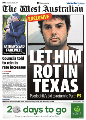 Front page of the West Australian, 31 may 2018.