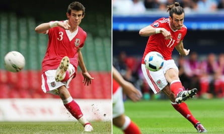 Gareth Bale scoring free-kicks against Slovakia in October 2006 and June 2016.