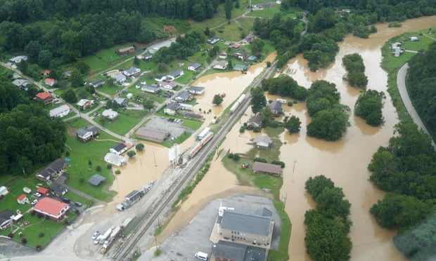 A flooded valley, as seen from a helicopter during a tour with Beshear over eastern Kentucky on 29 July.