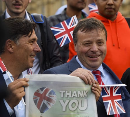 Andy Wigmore celebrates with Arron Banks in Westminster on 24 June 2016, the day after the UK voted to leave the EU.