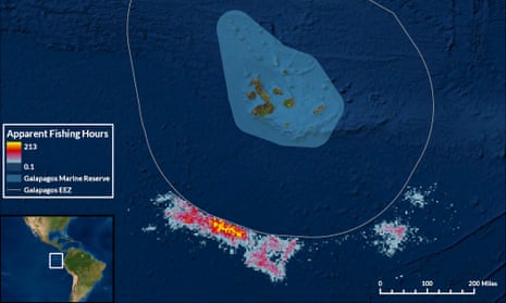 Satellite images of a cluster of ships next to the exclusion zone around the Galápagos