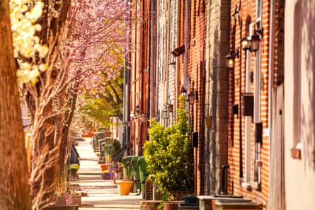 A Baltimore neighborhood is lined with brick houses and trees.