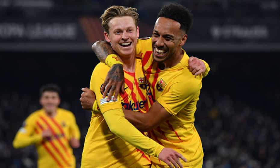 Pierre-Emerick Aubameyang (right) celebrates after Frenkie de Jong made it 2-0 on the night to Arsenal and the striker later made it 4-2.
