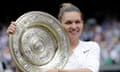 Simona Halep holds the Venus Rosewater dish after defeating Serena Williams in the Wimbledon women’s singles final in 2019