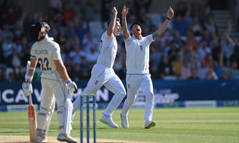 Potts and captain Stokes celebrate after taking the wicket of Wiliamson.