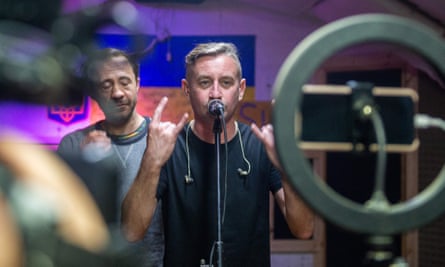 Ukrainian poet Serhiy Zhadan performs in a bomb shelter in Kharkiv, eastern Ukraine, in April 2022.