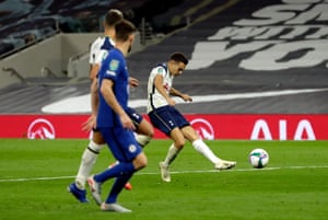 Tottenham Hotspur’s Sergio Reguilon shoots towards goal.