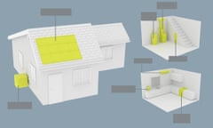 Layout of 3D diagrams of a home exterior, kitchen and basement.