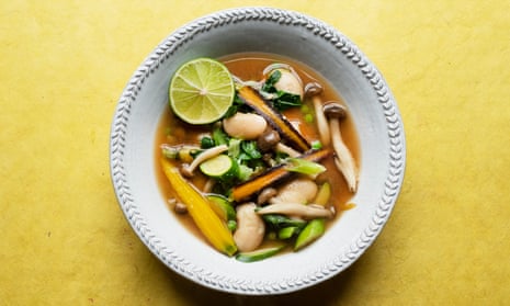 ‘A light soup to celebrate spring’: spring vegetables in miso broth.
