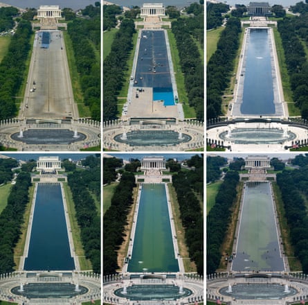 Six images of the reflecting pool, from emptied to painted, to filled in and blue, to back to covered with green algae.