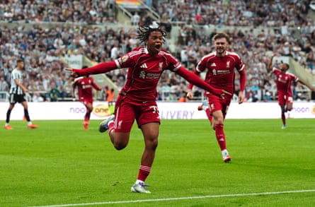 Rio Ngumoha celebrates scoring for Liverpool at St James’ Park