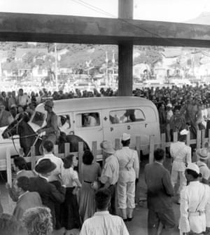 Mounted policemen and ambulance are ready as huge Brazilian crowds try to storm their way into the unfinished Maracanã to watch the tournament’s opening game – Brazil versus Mexico on 24 June 1950