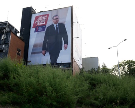 A billboard with a campaign poster of Aleksandar Vučić in Belgrade