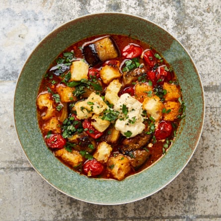 Yotam Ottolenghi’s roast tomato and aubergine soup with anchovy aioli.